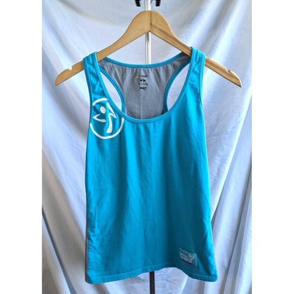 ZUMBA FITNESS Bright Blue Gray Athletic Racerback Tank ' United We Dance' Size L - Picture 1 of 5